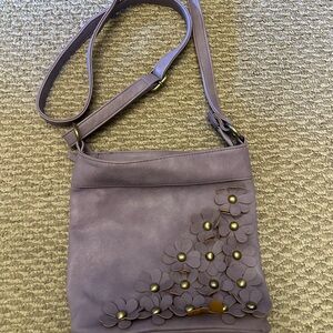 Lavender Floral Appliqué Crossbody Bag with Stud Accents